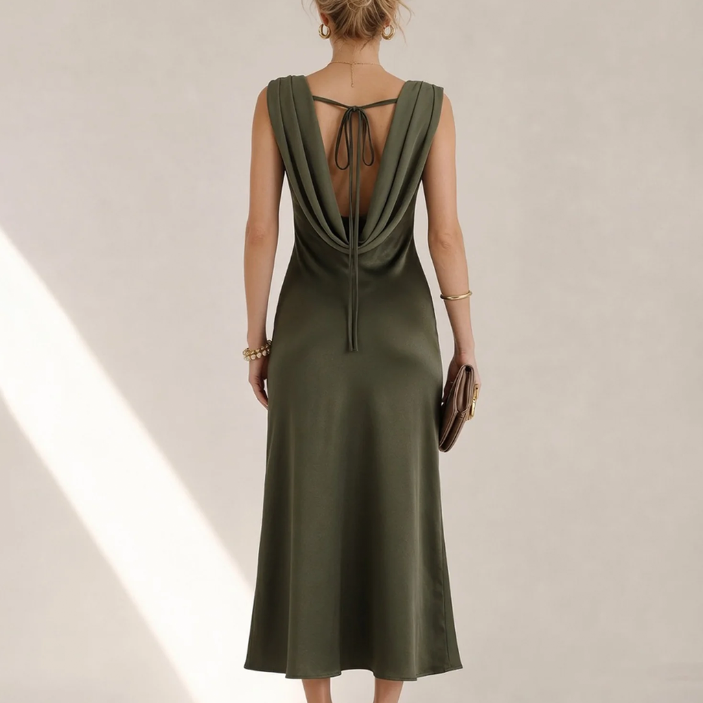 Bootshals Mouwloze Satijn Maxi Jurk Met Strik En Ritssluiting