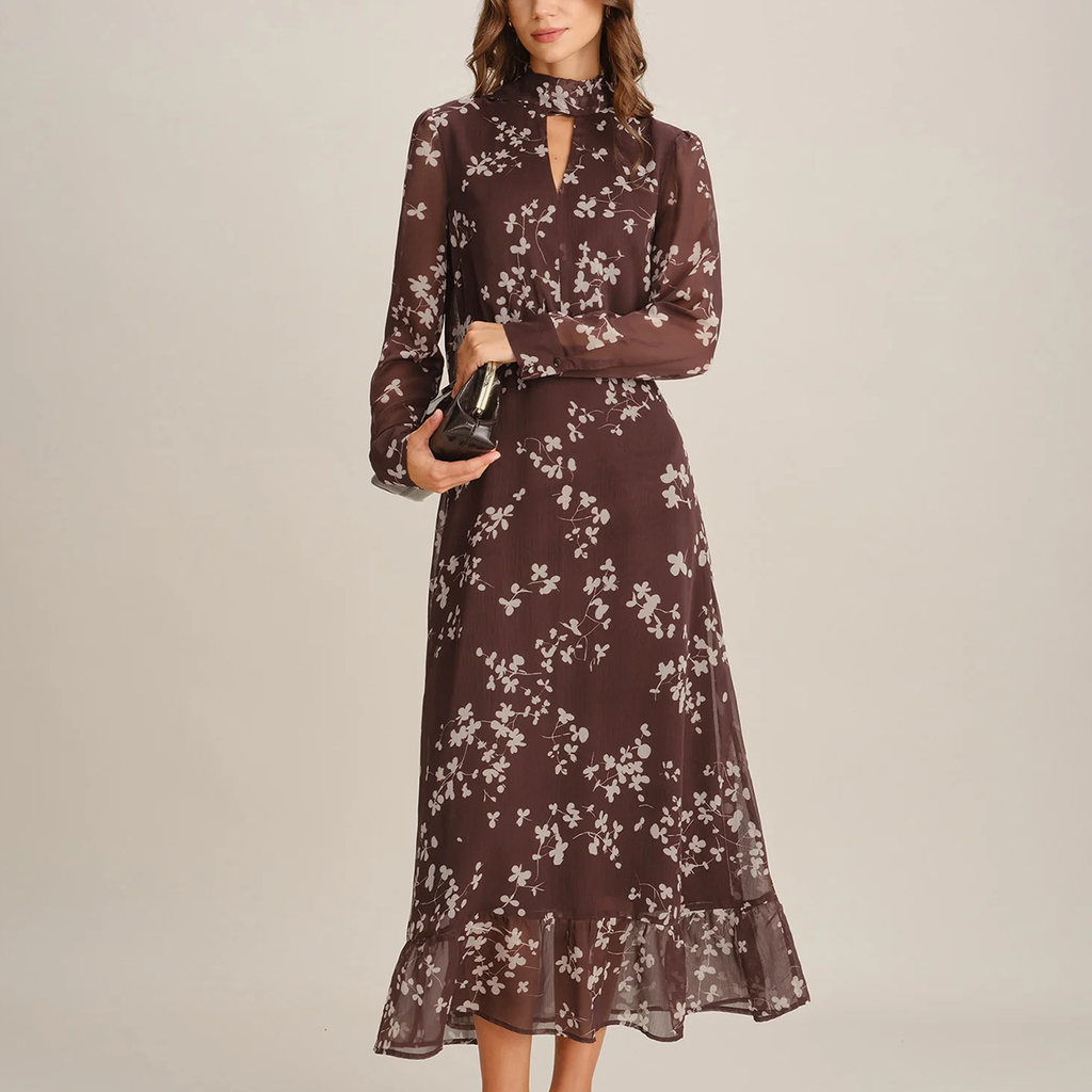Strikhals Bloemen Chiffon Maxi Jurk Met Lange Overhemdmouwen