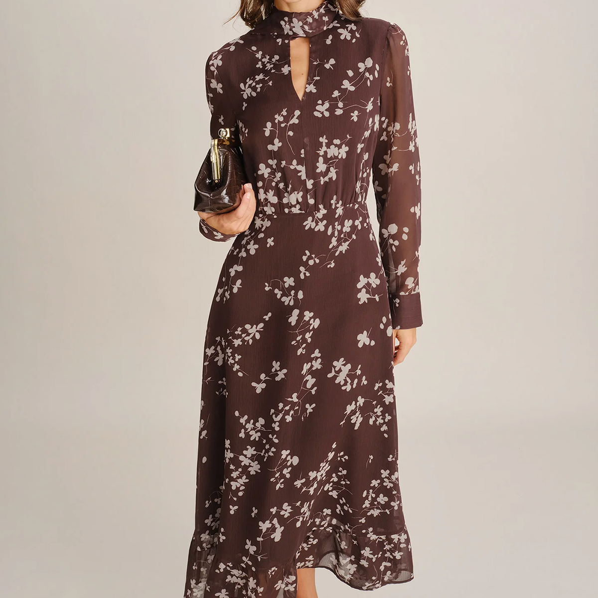 Strikhals Bloemen Chiffon Maxi Jurk Met Lange Overhemdmouwen