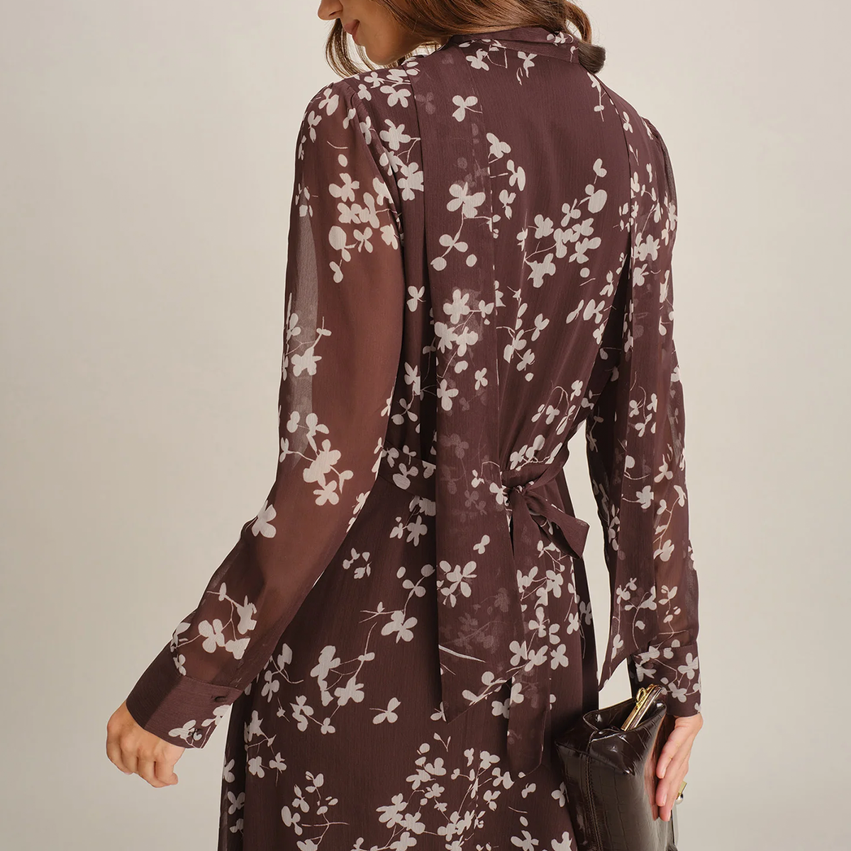 Strikhals Bloemen Chiffon Maxi Jurk Met Lange Overhemdmouwen