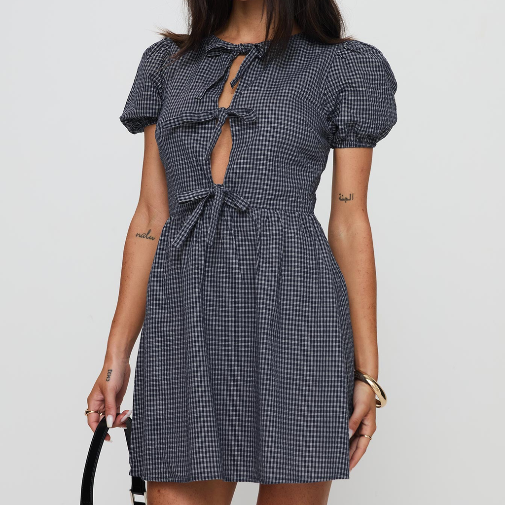 Navy Check Bow Puff Sleeve Mini Dress