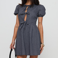 Navy Check Bow Puff Sleeve Mini Dress
