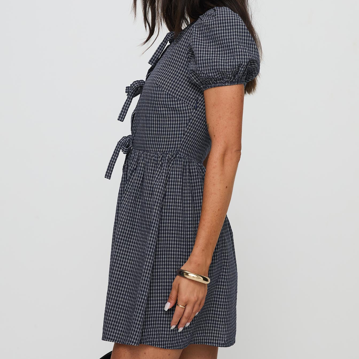 Navy Check Bow Puff Sleeve Mini Dress