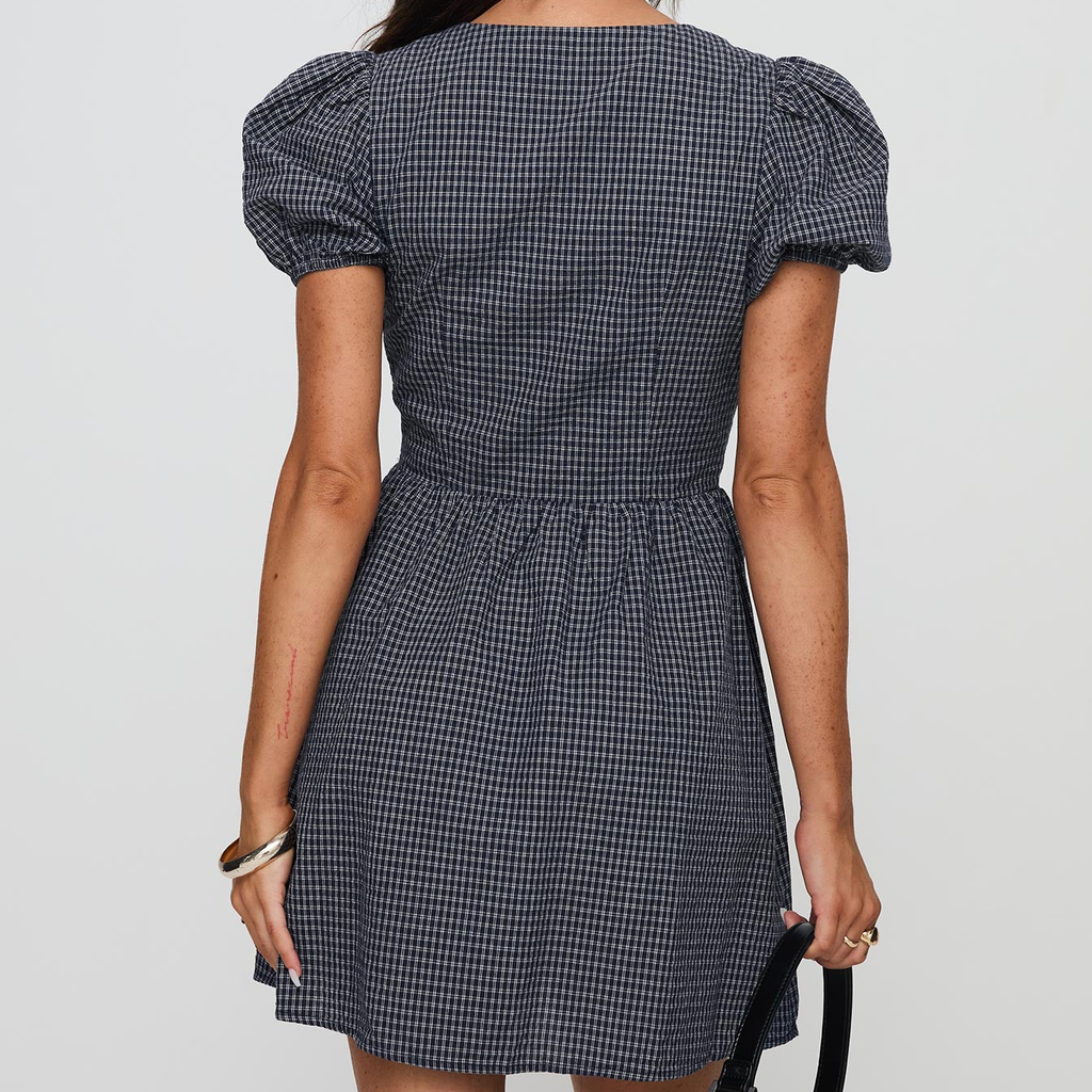 Navy Check Bow Puff Sleeve Mini Dress