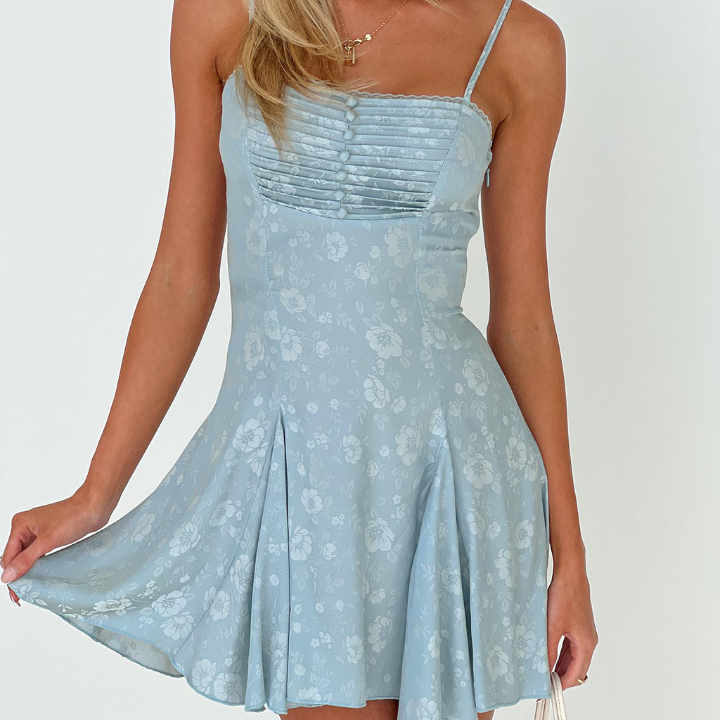 Blue Floral Jacquard Satin Cami Mini Dress