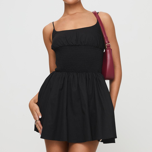 Black Square Neck Shirred Cami Mini Dress