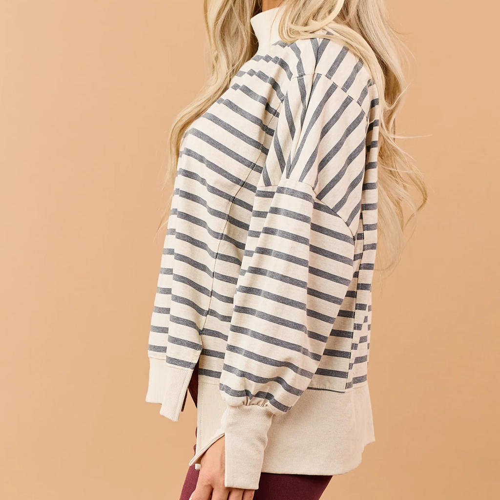 Almond Striped Mock Neck Oversized Sweatshirt Top
