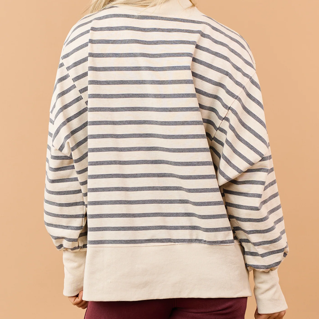 Almond Striped Mock Neck Oversized Sweatshirt Top